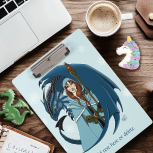 Blaue Drachen-Zauberin Schneeflocken Klemmbrett