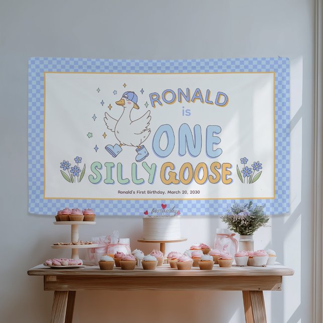 Blaue dumme Gans Eins - Hintergrund für den ersten Banner (Blue One Silly Goose - Retro style Girl First Birthday Backdrop Banner- 1st Birthday decor.)