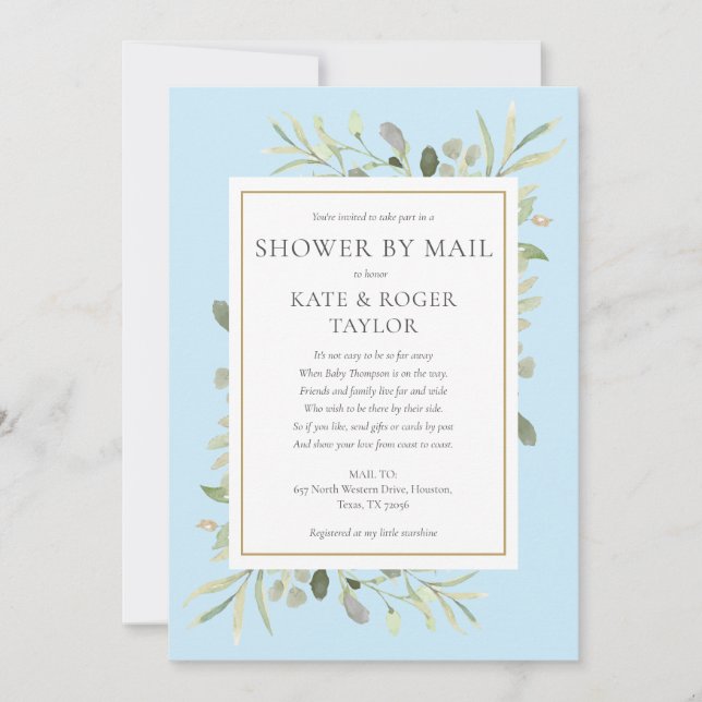 Blaue Dusche per Post Lange Ferne Grünflächen Blät Einladung (Vorderseite)