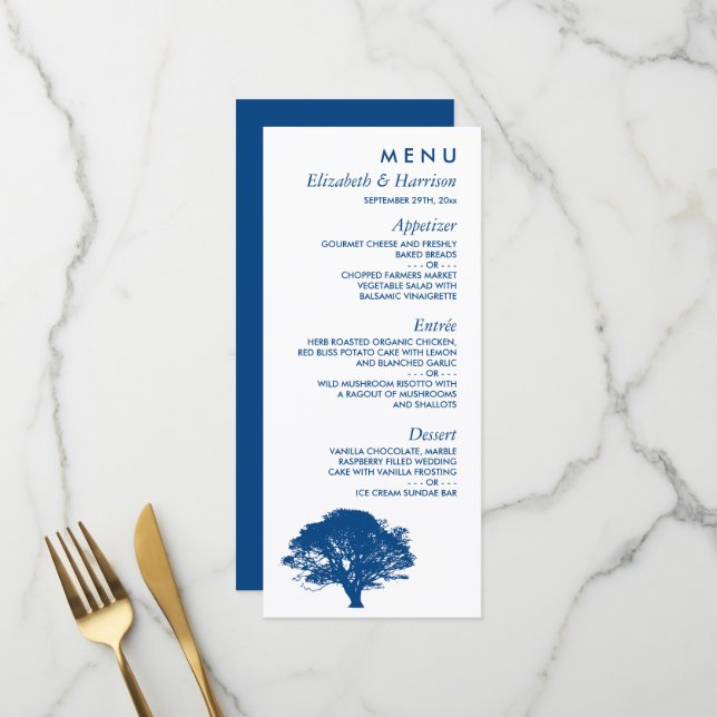 Blaue Eiche, rustikale und minimalistische Hochzei Menükarte (Vorderseite/Rückseite Beispiel)