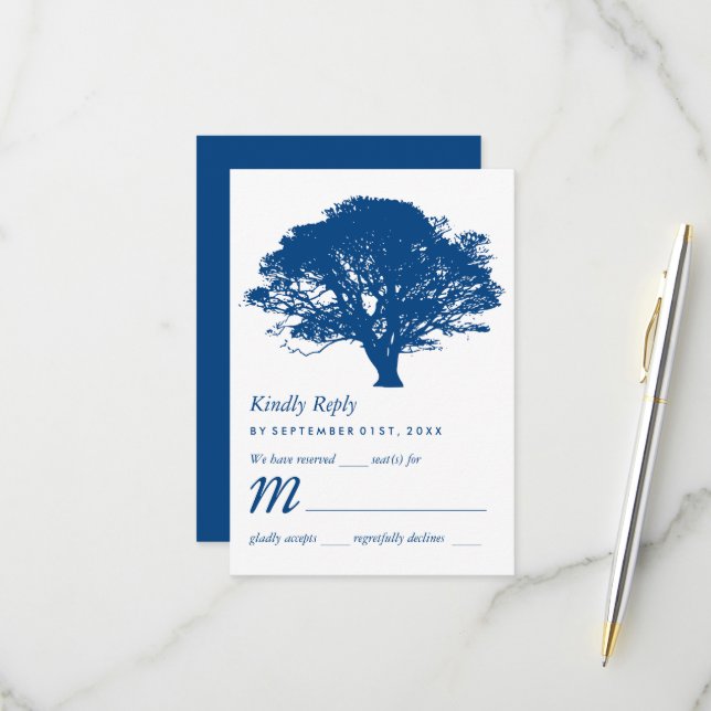 Blaue Eiche, rustikale und minimalistische Hochzei RSVP Karte (Vorderseite/Rückseite Beispiel)