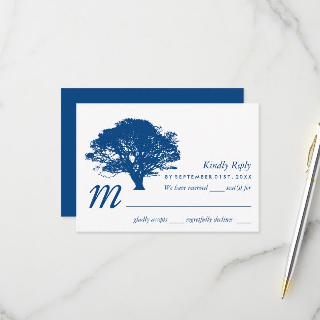 Blaue Eiche, rustikale und minimalistische Hochzei RSVP Karte (Vorderseite/Rückseite Beispiel)