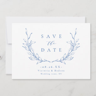 Blaue einfache Eleganz botanisches Wappen Monogram Save The Date