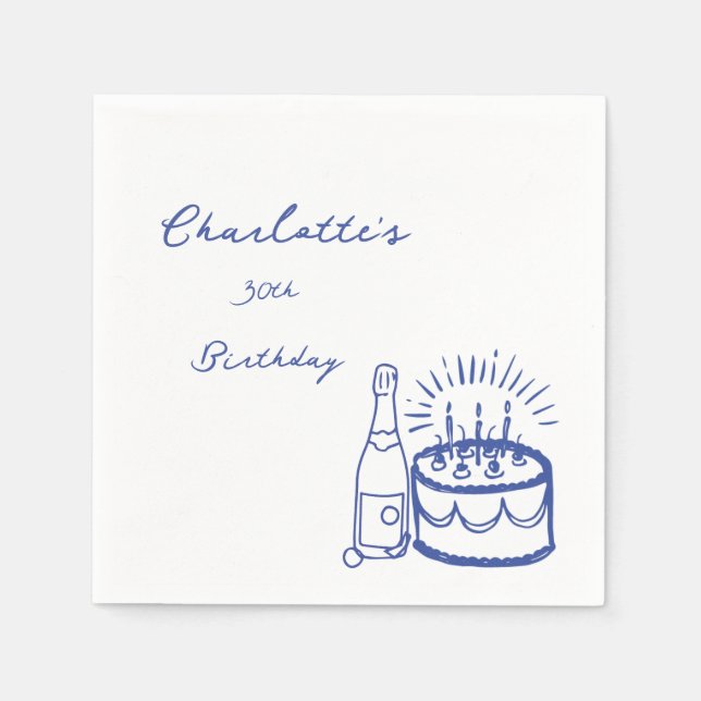 BLAUE einfache Hand Drawn 30. Geburtstag Serviette (Vorderseite)