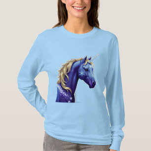 Blaue Einhorn-Kopfporträt im sternenklaren Nachthi T-Shirt