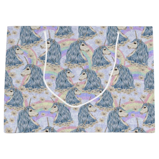 Blaue Einhörner mit Regenbogen Große Geschenktüte (Vorderseite)