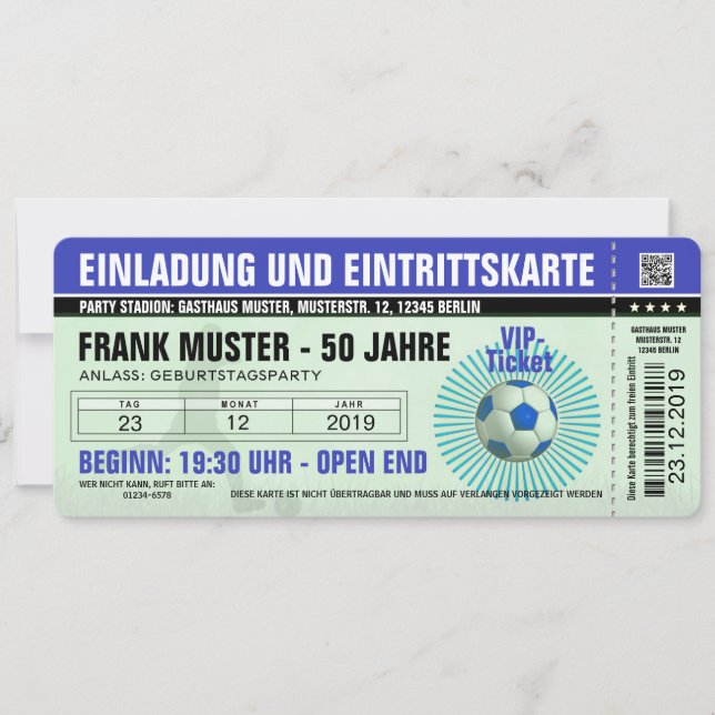 blaue Einladung und Eintrittskarte (Fußballticket) (Vorderseite)