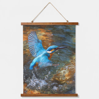 Blaue Eisvogel-Sonnenuntergangs-Splash-Fluss-Kunst Wandteppich Mit Holzrahmen
