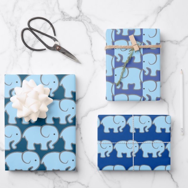 Blaue Elefanten Design Wrapping Paper Geschenkpapier Set (Vorderseite)