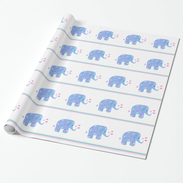 Blaue Elefanten mit Herz und Streifen Geschenkpapier (Ungerollt)