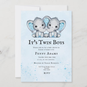 Blaue Elefanten-Zwillinge Baby Shower Einladung 