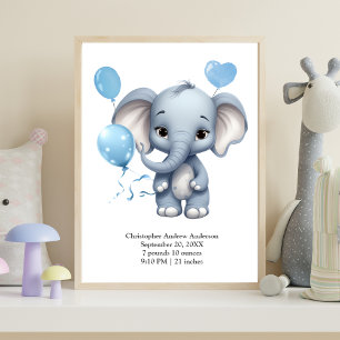 Blaue Elefantenballons Baby Geburtsstatistik Kinde Poster