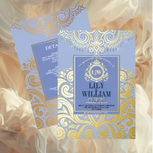 Blaue elegante Artdeco-Diamant-Monogramm-Hochzeit Folieneinladung