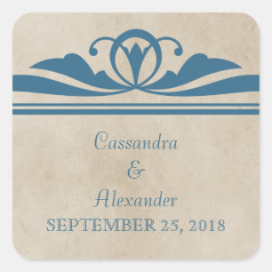 Blaue elegante Deco-Hochzeitsaufkleber Quadratischer Aufkleber