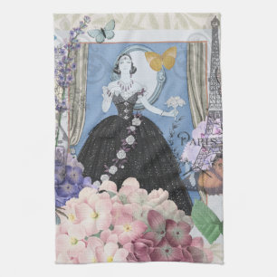 Blaue elegante Frau Blumen-Kleid Geschirrtuch