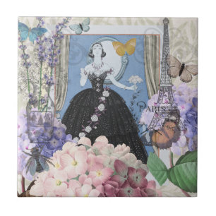 Blaue elegante Frau, florales, elegantes Kleid  Fliese