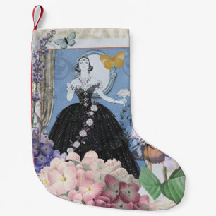 Blaue elegante Frau, florales, fantasievolles Klei Kleiner Weihnachtsstrumpf