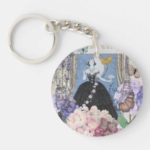 Blaue elegante Frau, florales, fantasievolles Klei Schlüsselanhänger
