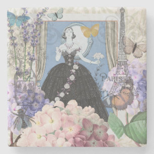Blaue elegante Frau, florales, fantasievolles Klei Steinuntersetzer