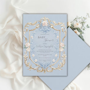 Blaue elegante Goldrahmen-Baby-Party mit Blumenmus Einladung