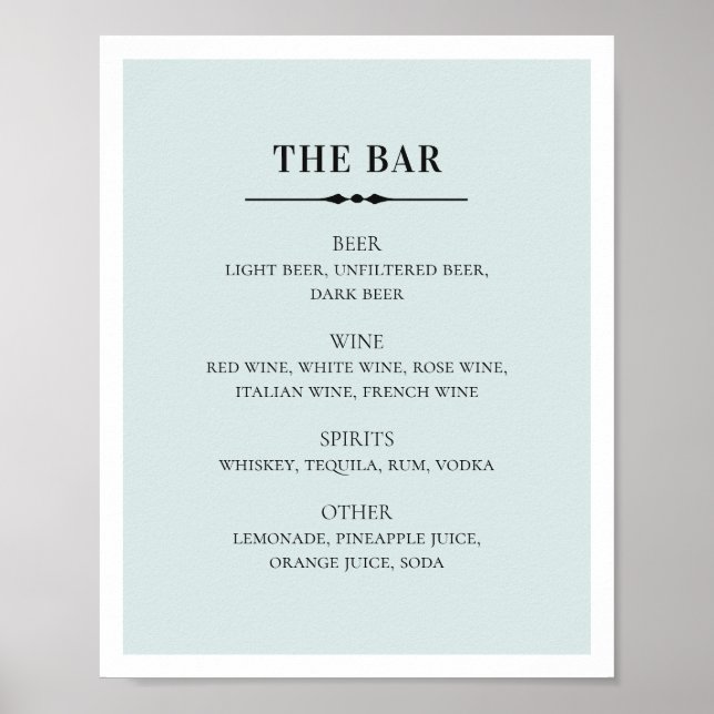 Blaue, elegante Hochzeit. Bar mit einfachen Alkoho Poster (Vorne)