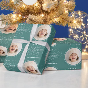 Blaue elegante Kalligrafie Frohe Weihnachten Foto Geschenkpapier