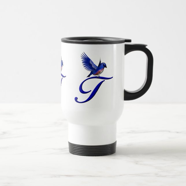 Blaue Elegante Monogramm-Initiale T Reisebecher (Rechts)
