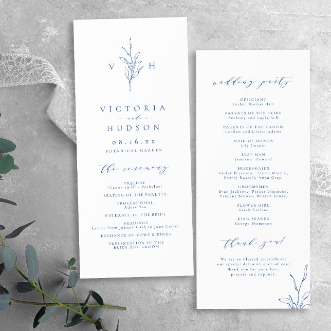 Blaue, elegante, monogrammatische Hochzeit Programm (Blue simple elegant botanical monogram wedding program)