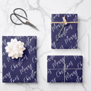 Blaue elegante Schrift Frohe Weihnachten Geschenkpapier Set