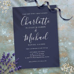 Blaue Elegante Signature Script Hochzeit Einladung<br><div class="desc">Elegante marineblaue Hochzeitsinspektion mit den prächtigen Stilnamen,  diese stilvolle Hochzeitseinladung kann mit Ihren Informationen in schicken weißen Schriften personalisiert werden. Entwickelt von Thisisnotme©</div>