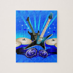 Blaue elektrische Gitarren, Trommeln u.