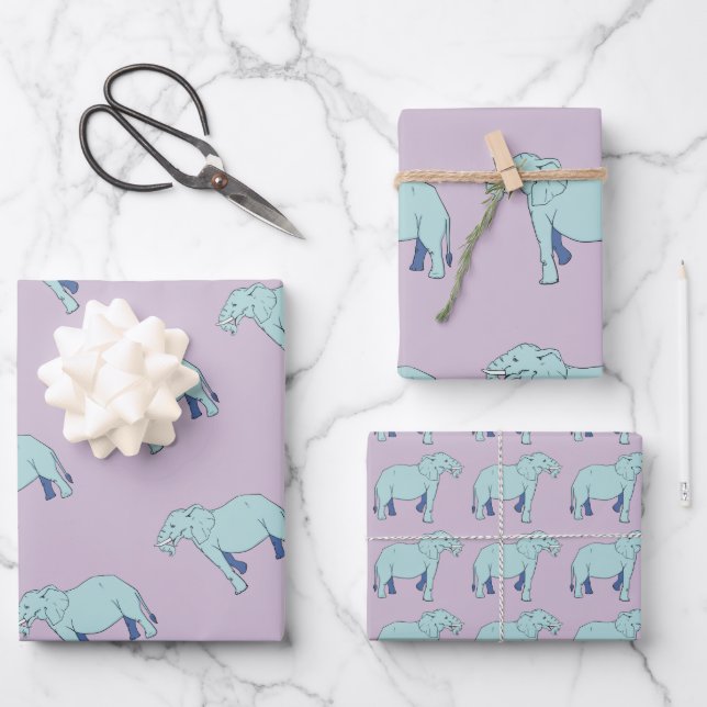 Blaue Elephant-Lavendel-Umhüllungspapierblätter Geschenkpapier Set (Vorderseite)