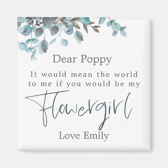 Blaue Eukalyptus-Leaf-Script-BlumenGirl-Anfrage Magnet (Vorne)