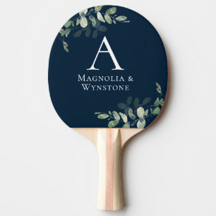 Blaue Eukalyptus-Monogramm-Hochzeit Tischtennis Schläger