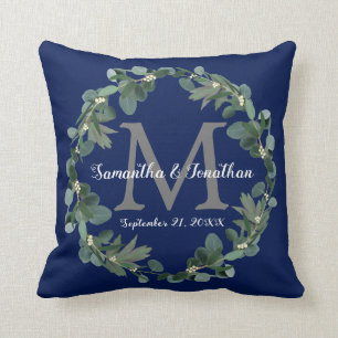 Blaue Eukalyptus-Monogramm-Hochzeitssake Kissen