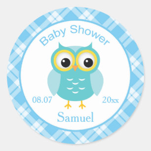 Blaue Eule, karierter Muster Babyparty-Aufkleber Runder Aufkleber