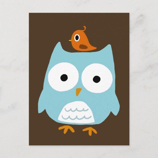 Blaue Eule mit kleinen Orangenvögeln Postkarte (Vorderseite)