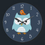 Blaue Eule und Niedlicher Orangenvogel Große Wanduhr<br><div class="desc">Große mit Augen Eule mit einem kleinen Orangenvogel auf dem Kopf. Eine lustige Uhr für Kinder oder für alle, die eine lustige Tierkunst mögen. Diese lustige Eule-Uhr macht ein niedliches Geschenk! Eine Originalillustration ©Jenn Inashvili.</div>