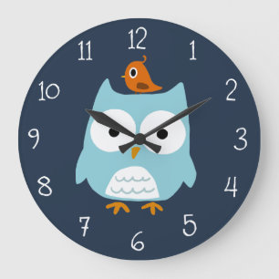 Blaue Eule und Niedlicher Orangenvogel Große Wanduhr