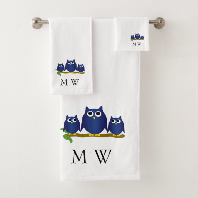 Blaue Eulen Design Monogramm Badhandtuch Set (Insitu)
