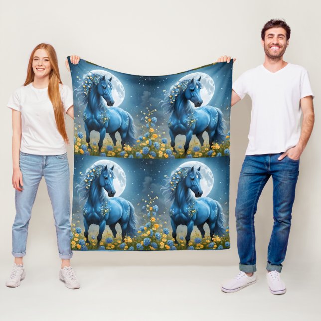 Blaue Fantasy Magical Horse Moon Blume, Fleecedecke (Beispiel)