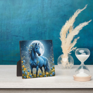 Blaue Fantasy Magical Horse Moon Blume, Fotoplatte