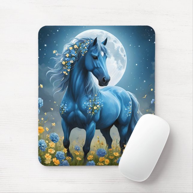 Blaue Fantasy Magical Horse Moon Blume, Mousepad (Mit Mouse)
