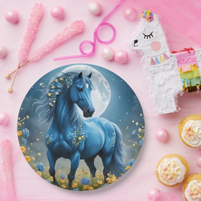 Blaue Fantasy Magical Horse Moon Blume, Pappteller (Party)