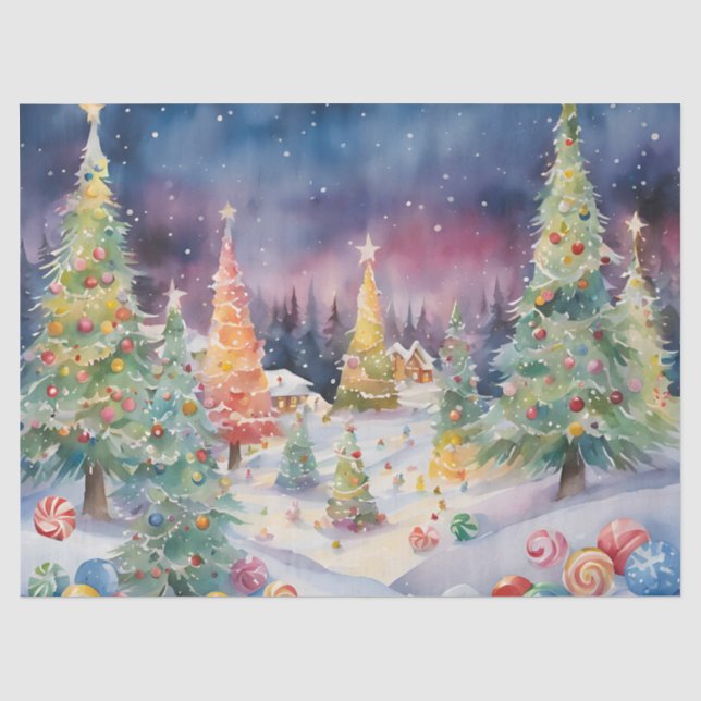 Blaue Farbe Wasserfarbe Decoupage Winter Szene Seidenpapier (Vorderseite)
