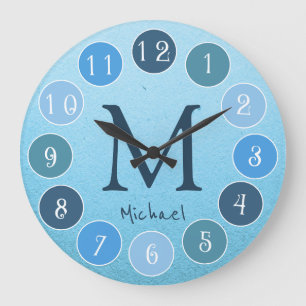 Blaue Farbpalette Einfache Monogramm-Kids Große Wanduhr