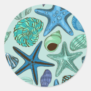 Blaue Farbschattierungen Muscheln Und Seestern Mus Runder Aufkleber