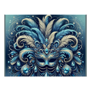 Blaue Feder-Maskenballmasken-Illustration Poster