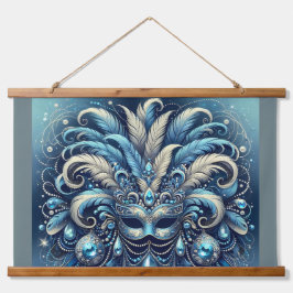 Blaue Feder-Maskenballmasken-Illustration Wandteppich Mit Holzrahmen