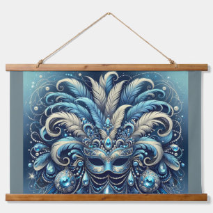 Blaue Feder-Maskenballmasken-Illustration Wandteppich Mit Holzrahmen
